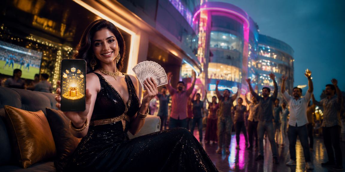 Neon-lit casino app interface over Kerala backwaters